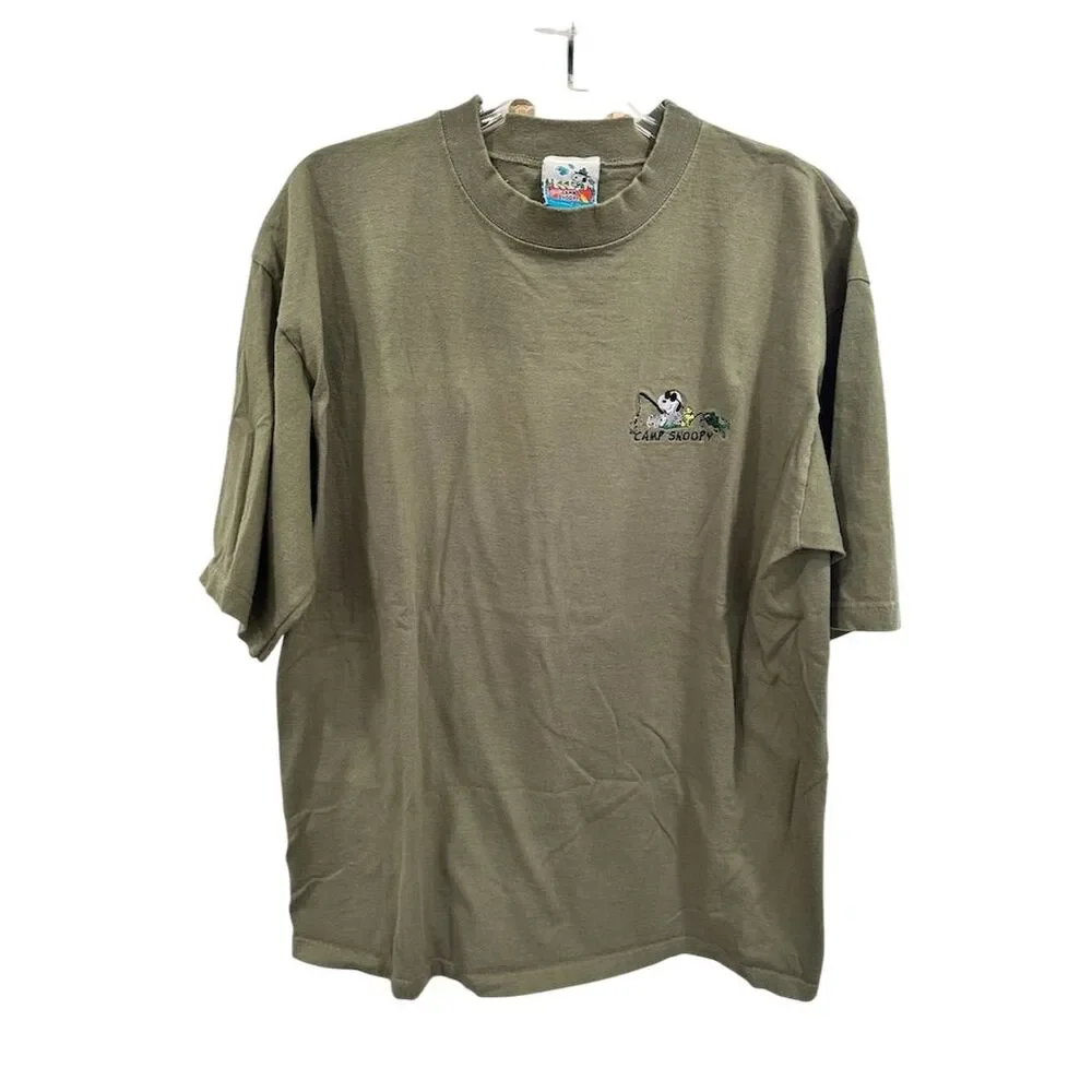 Vtg Camp Snoopy Peanuts T-Shirt Sz XL Green Graphic Short‎ Sleeve embroidered